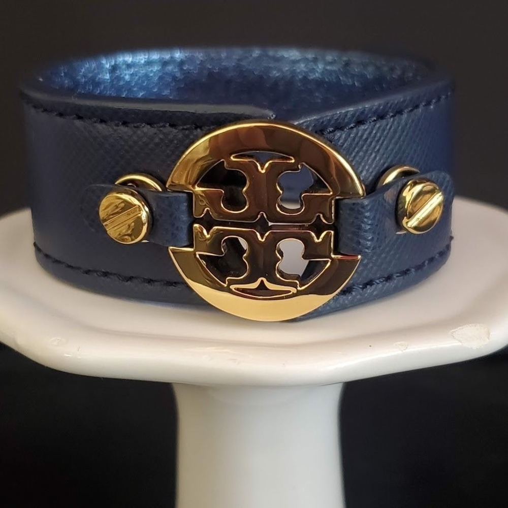 Tory Burch Reva Navy Blue Saffiano Leather Gold Logo Cuff Bracelet